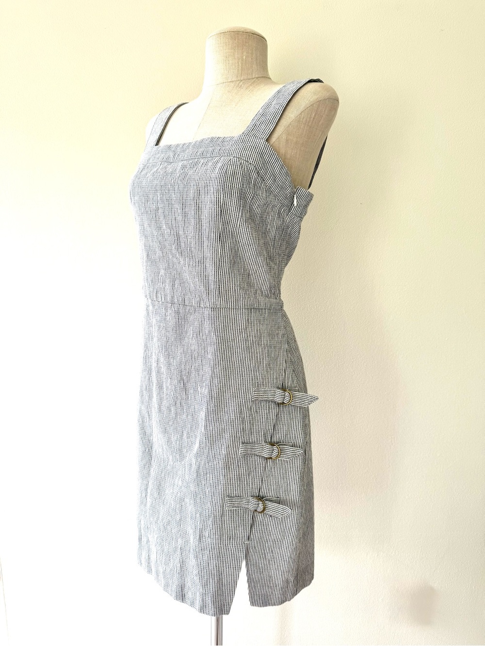 Simply Noelle Pinstripe Buckle Accent Mini Dress EUC S/M Coastal Resort Summer - Picture 6 of 12